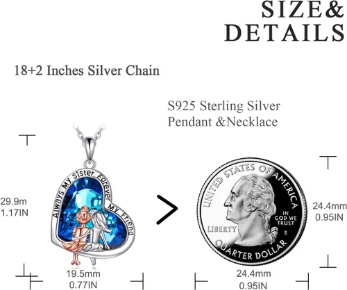 Vista 4 de Collar de plata de ley esterlina en forma de corazón, regalo de joyería de hermanas y amistad femenina