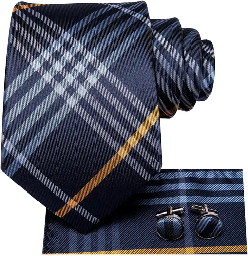 Vista 298 de Hi-Tie Corbata clásica de cachemira para hombre con pañuelo y gemelos a cuadros
