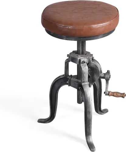 Vista 4 de Topower Taburete de manivela industrial antiguo de hierro fundido Silla de tres patas Taburete de bar de cuero PU