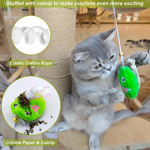 Vista 2 de Varita interactiva de juguete para gatos con ratón de hierba gatera, varita provocadora para gatos con cuerda arcoíris para gatos adultos aburridos
