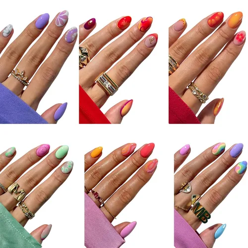 Vista 9 de Paquete de 6 uñas postizas a presión con forma de almendra media, uñas postizas acrílicas de cobertura completa con diseños de cromo rosa francés