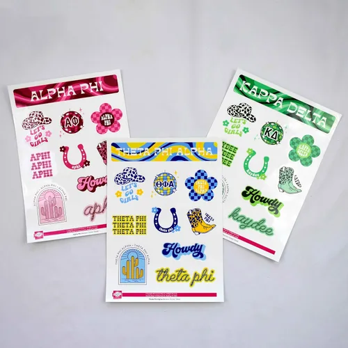 Vista 7 de Chi Omega - Hoja de calcomanías de vinilo de diseño occidental con diseños oficiales, adhesivo extraíble, 10 calcomanías por hoja, por Sorority Shop