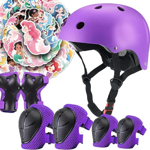 Vista 11 de Juego de casco de bicicleta para niños, certificado CPSC con rodilleras, coderas, muñequeras, casco negro ajustable para niñas de 2-3-5-8 años