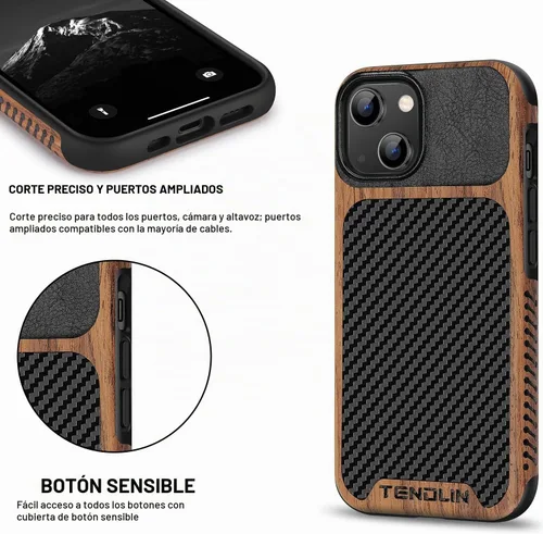 Vista 5 de TENDLIN Compatible con Funda para iPhone 14 de Grano de Madera con Diseño de Textura de Fibra de Carbono, Funda Híbrida de Cuero delgada Negra Negro