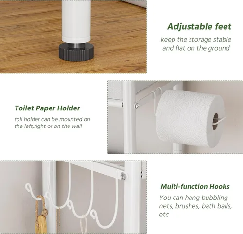 Vista 5 de Simple Trending Estante de almacenamiento sobre el inodoro con cajones, estante organizador de baño de metal de 3 niveles con soporte para papel y 3
