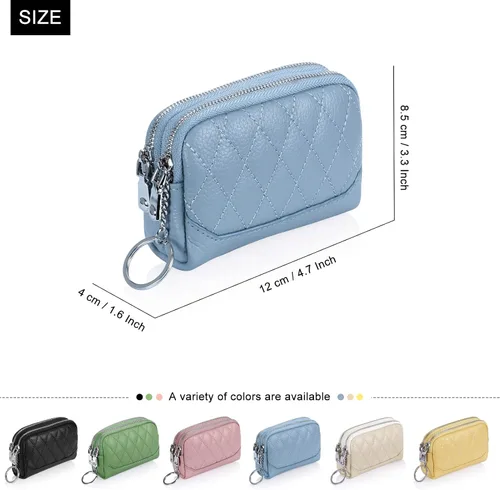 Vista 2 de XEYOU Monedero pequeño de piel auténtica con llavero y anillo, Azul, Casual