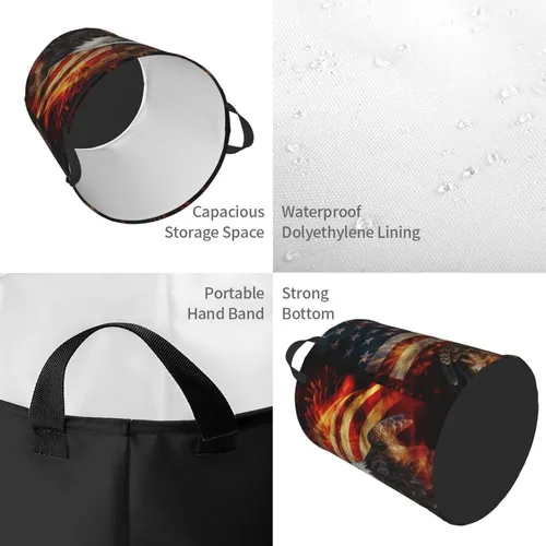Vista 4 de American Flag Fire Eagle print Circular Hamper Waterproof Storage Bin Organizer Basket Laundry Hamper With Handles For Clothes Toys Small