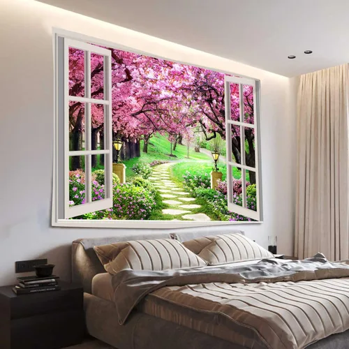 Vista 4 de Tapiz japonés de flores de cerezo para ventana, camino de bosque de árboles, flores rosas, botánico, floral, paisaje natural, estético para sala