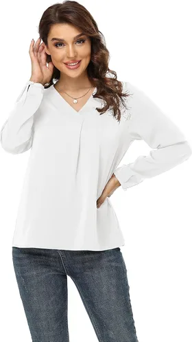 Vista 4 de Jouica Blusas para mujer, blusa casual de gasa, holgada, con cuello en V, manga larga