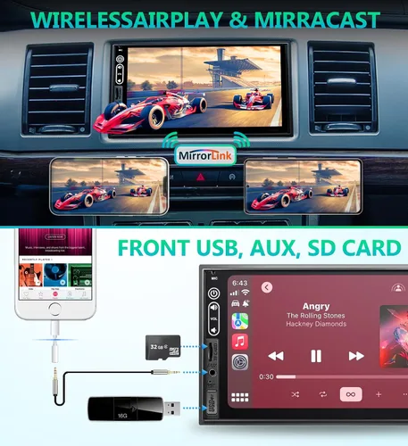 Vista 6 de Estéreo de coche de doble DIN compatible con Apple Carplay inalámbrico, Android Auto, receptor de audio de coche con pantalla táctil de 7 pulgadas