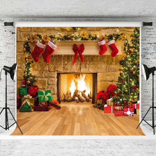 Vista 2 de Telón de Fondo de Fotografía Navideña de 8X8 Pies Decoración de Chimenea Fondos de Estudio Decoraciones de Árbol y Calcetín para Suministros