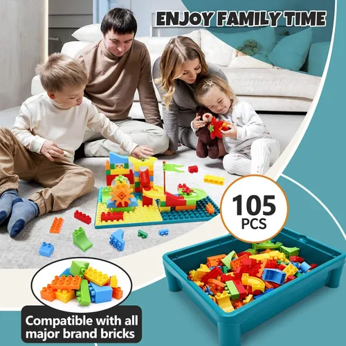 Vista 4 de Mesa de actividades para niños de doble cara con almacenamiento, mesa multiactividad todo en uno, 105 piezas de bloques de construcción con pista