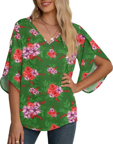 Vista 9 de Blusas de gasa con mangas 3/4 arrugadas de otoño para mujer de Jouica 01amy Verde