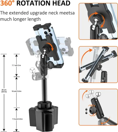 Vista 5 de Soporte para portavasos de automóvil resistente [rotación de 360° sin sacudidas] Soporte para iPad con brazo de metal para tableta y teléfono, iPad