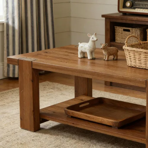Vista 8 de Mesa de centro de madera maciza con estante de almacenamiento de 2 niveles, mesa central rectangular de granja de 47.2 pulgadas para sala de estar