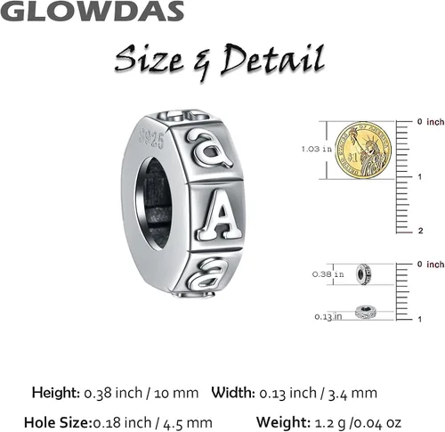 Vista 2 de Dijes espaciadores de letras de la A a la Z, plata de ley 925 antigua con 26 cuentas de goma del alfabeto, se adapta a pulseras europeas, regalos