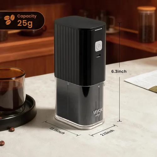 Vista 4 de VEVOK CHEF Molinillo de café eléctrico portátil, molinillo de grano de café cónica ajustable, molinillo de un botón con recargable por USB, parada