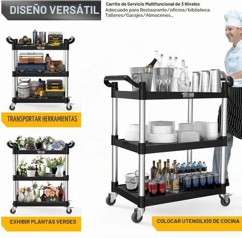Vista 4 de TUFFIOM Carrito de servicio de plástico de 3 niveles con ruedas, resistente capacidad de 390 libras, rodante comercial, ideal para restaurantes