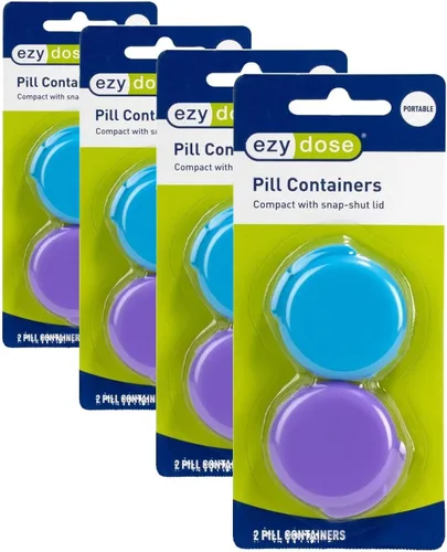 Vista 10 de EZY DOSE Farmacia diaria redonda, compacta, pequeña, discreta, portátil de bolsillo, pastillero, organizador y recipientes de vitaminas, tapas