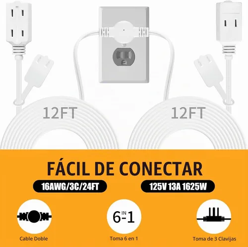 Vista 7 de Cable de extensión doble, enchufe de pared plana de 24 pies, 12 pies en cada lado, regleta de alimentación de 2 clavijas con 6 tomas, divisor