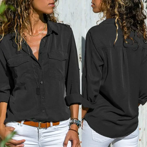 Vista 2 de Womens Tees, Women Casual Solid Long Sleeve Turn Down Collar Pockets Button Front Shirt Tops