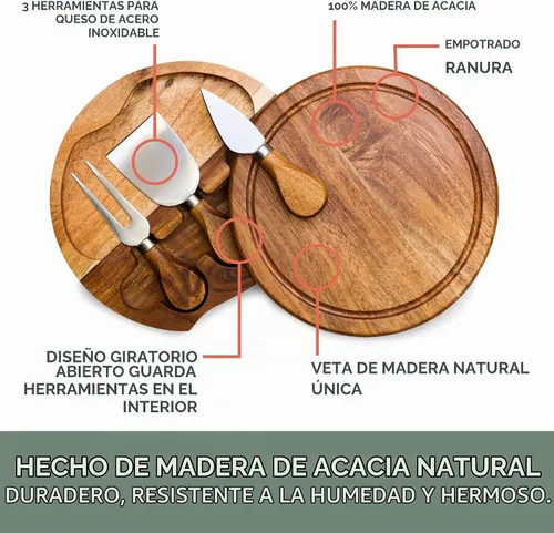 Vista 6 de TOSCANA - un set de tabla de queso de brie de madera de acacia y cuchillo de la marca Picnic Time - Set de tabla de embutidos - Tabla de cortar