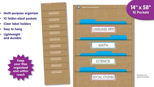 Vista 6 de Teacher Created Resources 20840 - Tabla de bolsillo de almacenamiento de archivos de arpillera con 10 bolsillos (14 x 58 pulgadas)