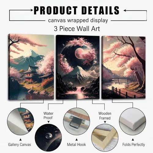Vista 5 de 3 piezas de arte de pared en lienzo japonés, paisaje del lago de cerezos en flor, decoración de pared, imágenes de Japón, arte de Monte Fuji