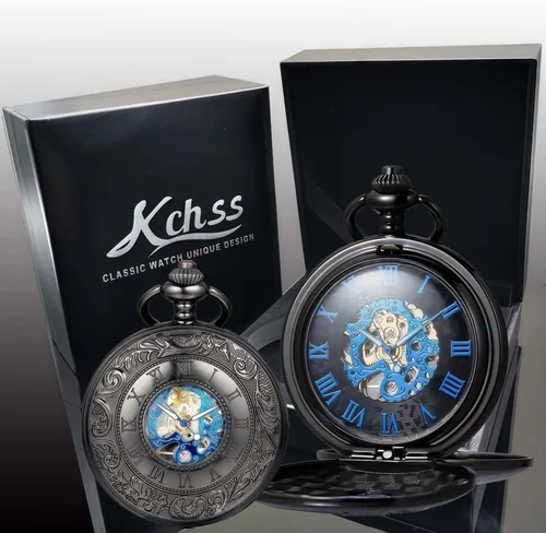 Vista 2 de Relojes mecánicos de bolsillo con números romanos con esfera y cadena para hombre y mujer
