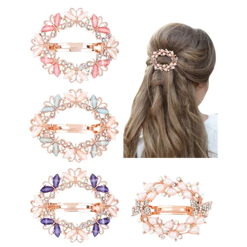 Vista 12 de inSowni Paquete de 4 Pasadores de Cabello Franceses de Metal de Lujo con Purpurina Brillante, Gemas Enjoyadas, Cristales con Diamantes de Imitación