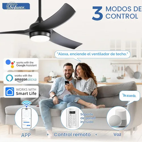 Vista 2 de Sofucor Ventilador de techo moderno elegante de 52 pulgadas con luz, negro