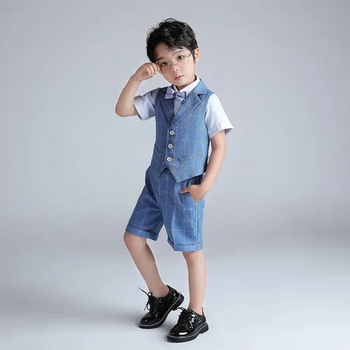 Vista 4 de LOLANTA Chaleco de esmoquin para niños, traje de portador de anillo de boda, 4 piezas, ropa, chaleco, camisa, pantalones cortos, pajarita