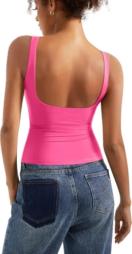 Vista 20 de SUUKSESS Camisetas sin mangas con respaldo abierto y cuello barco acolchado para mujer, con doble forro, camisas básicas Negro (Black Polka Dots)