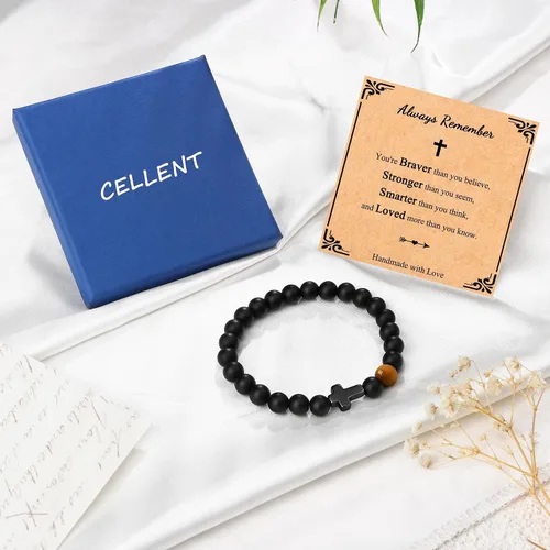 Vista 6 de Pulsera de cruz para hombres, para papá, hijo, nieto, marido, padrino, tío sobrino, hermano, regalo inspirador de ojo de tigre, pulsera curativa