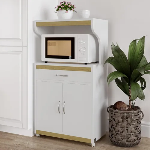 Vista 8 de Lavish Home - Soporte para microondas con cajón, armario de almacenamiento con puertas y ruedas de bloqueo, almacenamiento independiente de cocina
