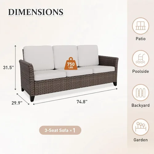 Vista 2 de Sofá de mimbre para patio, sofá de muebles de exterior, 3 Café/Beige