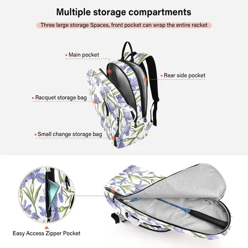 Vista 5 de Tennis and Badminton Bag Large Storage Iris Flowers 3 Rackets Badminton Racket Bag for Teen Boys Girls Men Women bolsos para raquetas