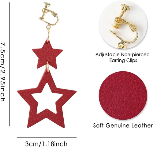 Vista 4 de Aretes de clip para mujer, aretes colgantes de cuero con clip para mujer, aretes sin perforaciones