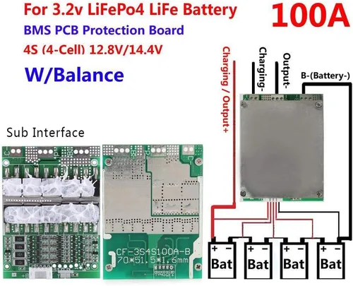 Vista 2 de Tablero de protección de batería de hierro de litio, 4S 100A 12V LiFePO4 LFP Placa de módulo de protección de batería 1pc con la función
