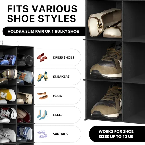 Vista 4 de Simple Houseware Estante de 24 secciones para colgar zapatos, organizador para armario, color negro
