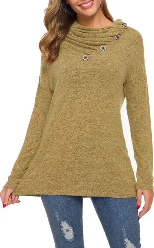 Vista 4 de WEACZZY Blusa túnica de manga larga con botones, cuello drapeado, informal, holgada para mujer.