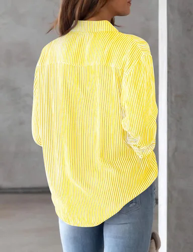 Vista 5 de AISEW Camisas con botones para mujer, a rayas, clásicas, de manga larga, con cuello y bolsillo