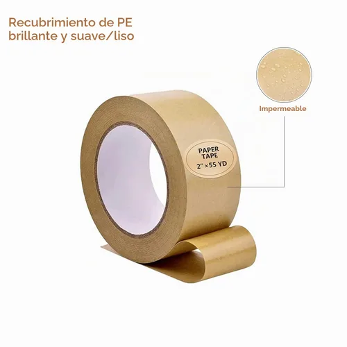 Vista 3 de TooCust Cinta de papel kraft autoadhesiva, 2 pulgadas x 55 yardas, cinta de papel marrón, cinta de embalaje marrón, cinta de embalaje de papel