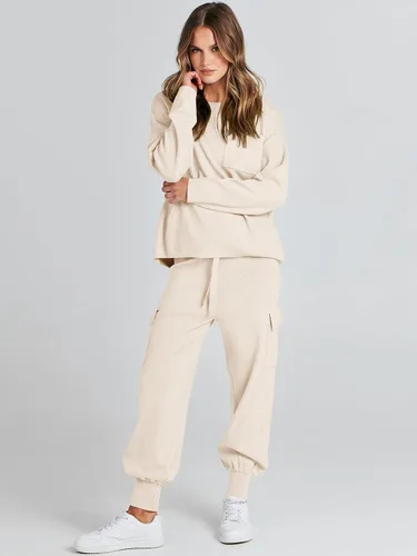Vista 8 de Caracilia Conjunto de dos piezas para mujer, suéter de punto de manga larga y pantalones deportivos tipo cargo