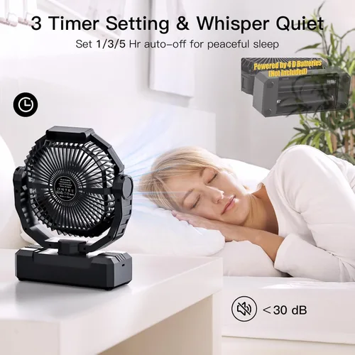 Vista 6 de Ventilador operado por batería Wavmill [200H Max], ventiladores alimentados por batería de celda D y USB 2 en 1, ventilador portátil para acampar