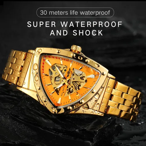 Vista 3 de FORSINING Reloj mecánico automático de esqueleto triangular para hombre, de lujo, dorado, negro, acero inoxidable, impermeable, luminoso, deportivo