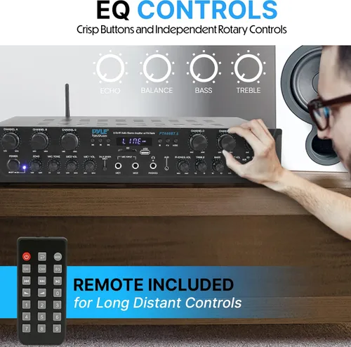 Vista 4 de Pyle Sistema de amplificador de audio inalámbrico para el hogar, amplificador receptor estéreo de sonido compatible con Bluetooth, 6 canales