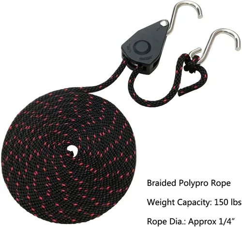 Vista 3 de Correas de cuerda, 1/4 pulgadas x 10 pies, polea de trinquete ajustable de bloqueo de cuerda resistente para canoa de kayak (paquete de 2)