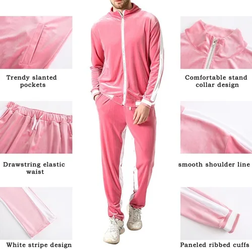 Vista 4 de KISSQIQI Chándal de 2 piezas con cremallera completa para hombre, trajes deportivos de terciopelo dorado, trajes casuales, chaqueta y pantalones