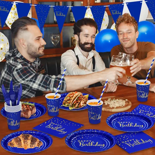 Vista 5 de DYLIVeS Paquete de 204 piezas de decoraciones de cumpleaños azules, puntos de aluminio azules y dorados, suministros de fiesta de feliz cumpleaños
